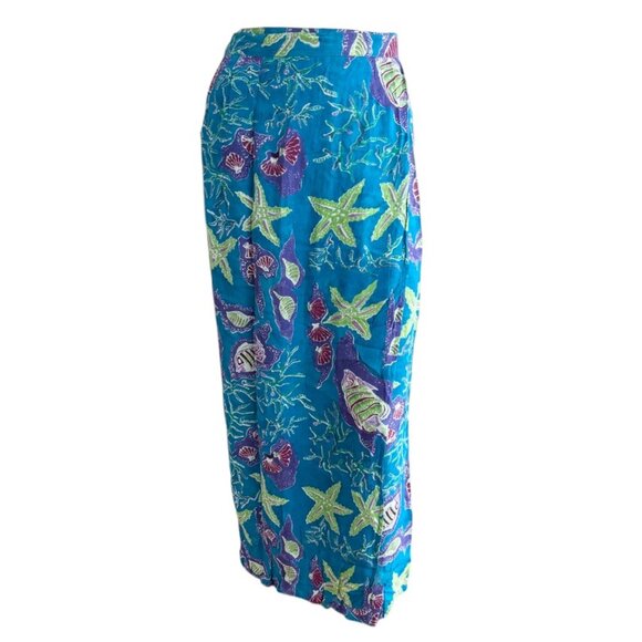 NWT NEW AURA Sea Life OceanTheme Maxi Wrap Skirt in Blue Starfish Seashell SZ L - Picture 2 of 11